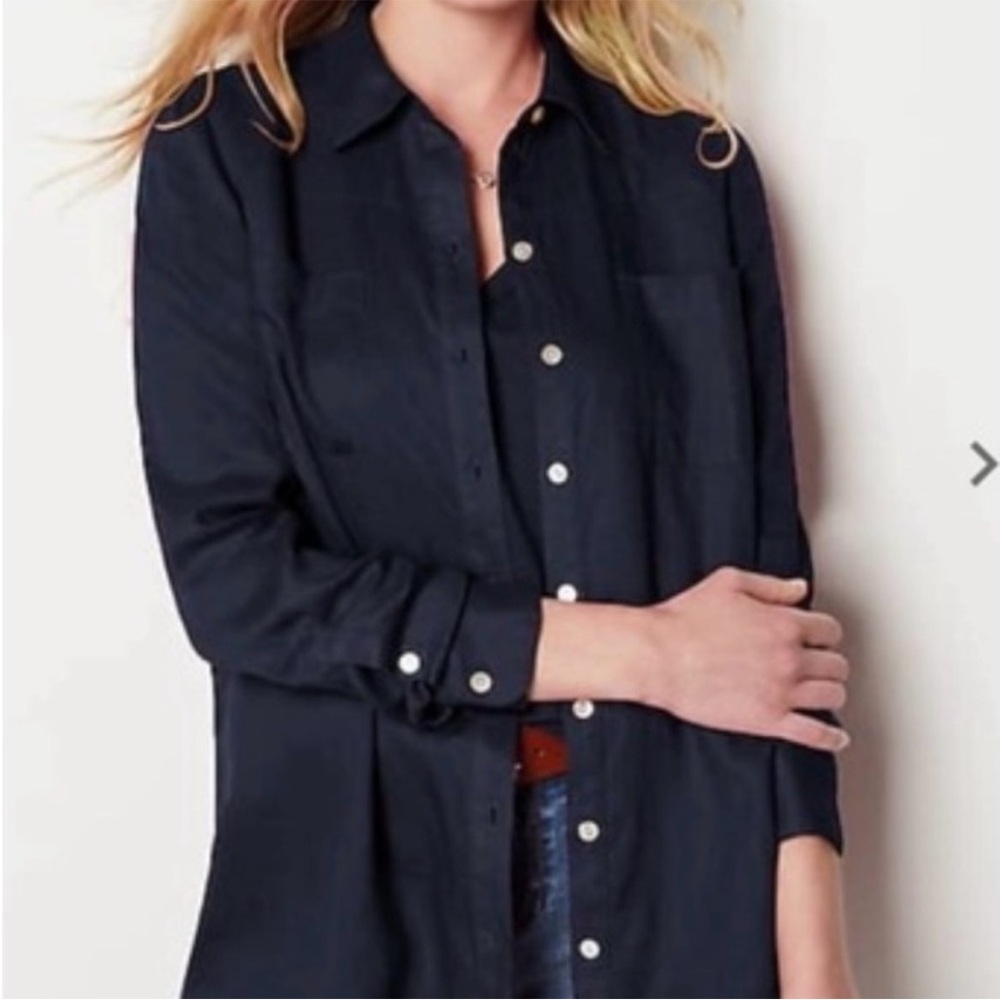 J. Jill Love Linen Button Up Long Sleeve Size Small Petite Navy Blue Coastal